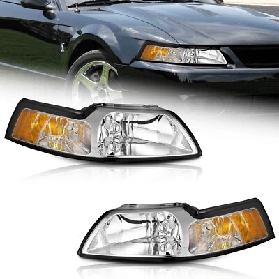 Headlights Assembly For 1999-2004 Ford Mustang Chrome Lamps Left+Right Pair Foto 1 de 4