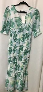Simplee Boho Dress Small Green Floral shirring elastic midriff midi Wedding D4 - Picture 1 of 7