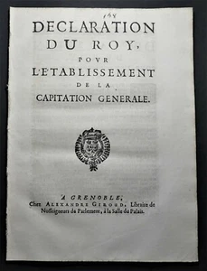 [DROIT] DECLARATION DU ROY pour l'ETABLISSEMENT de la CAPITATION GÉNÉRALE 1695 - Picture 1 of 4