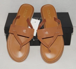 NWOB Authentic RALPH LAUREN ROSALIND Tan Leather Gold Logo Flat Sandals 9 B - Picture 1 of 3