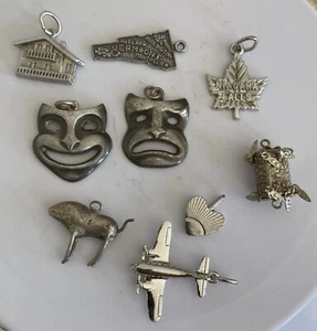 Vintage Lot Of 9 Sterling Silver Charms Theatre Mask Heart Airplane Vermont Etc - Picture 1 of 2