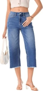 Sidefeel Women's Wide Leg Jeans High Waisted Stretchy Raw Hem Capri Pants 18 - Picture 1 of 8