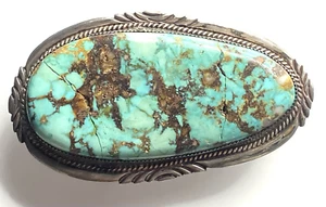Native American Sterling Silver Large Turquoise Oval Belt Buckle - Picture 1 of 9