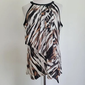 ALFANI Women M White Brown Black Printed Jewel Neck Sleeveless Tunic Top Blouse - Picture 1 of 10