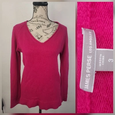 James Perse Sweater Womens SZ 3 L Lightweight Pink  100% Cashmere V Neck Magenta - Image 1 of 4