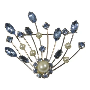 Mid Century Blue Rhinestone And Faux Pearl Brooch - Picture 1 of 2