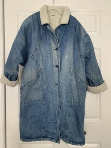 Giacca lunga vintage anni 70 80 denim sherpa foderata lavoro cappotto oversize cotone medio - Foto 1 di 12