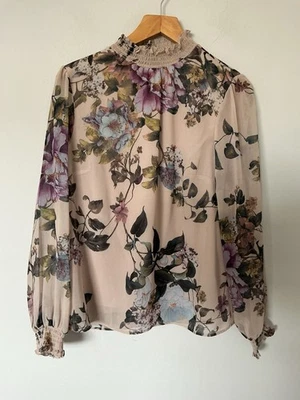 Oasis Size 12 Beige Floral Blouse Shirt High Elasticated Neck Cuffs Peephole - Image 1 of 4
