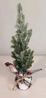 Flocked Accent Christmas Tree ~ Fir 11.5 Inch Tall ~ Plaid Fabric Base - Image 1 of 4
