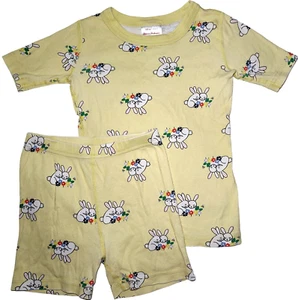 Hanna Andersson Yellow Bunny Pajamas Sz 6 7 Organic Cotton Shorts 2pc Girls 120 - Picture 1 of 3
