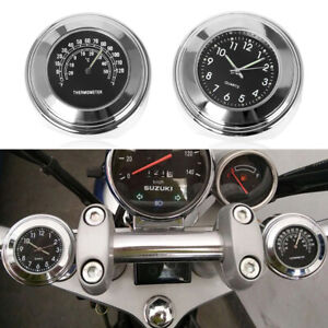 New 7/8"-1" Motorcycle Handlebar Mount Watch Black Dial Clock & Thermometer Temp