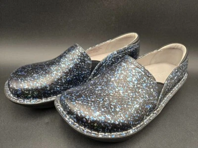 Alegria 女式鞋 39 黑色蓝色银色皮革木屐 DEB-7608 — 第 1/4 张图片