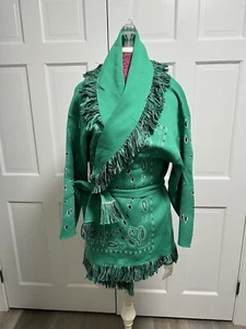 Women’s Green Southwestern Fringe Cardigan Jacket Wrap Belted Western Boho - Picture 1 of 3
