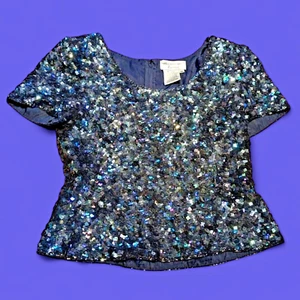 VINTAGE SEQUINED CROP TOP silk evening blouse iridescent 80s embellished XS S 3B - Picture 1 of 7