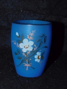 ANTIQUE FRENCH BLUE OPALINE GLASS HANDLED CUP MUG hand painted floral  - Picture 1 of 3