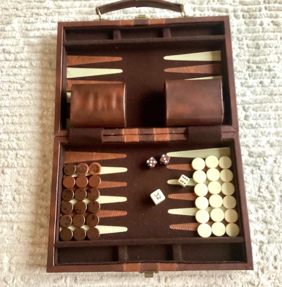Vtg Backgammon Board Game Set Faux Brown Leather Travel Case Interior Stitched - Image 1 of 4