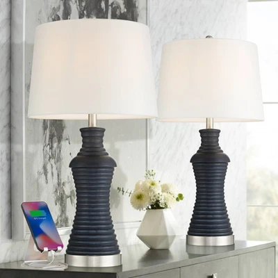 Maxwell 27 1/5" High Blue Rippled Ceramic USB Table Lamp Set of 2 - Image 1 of 4