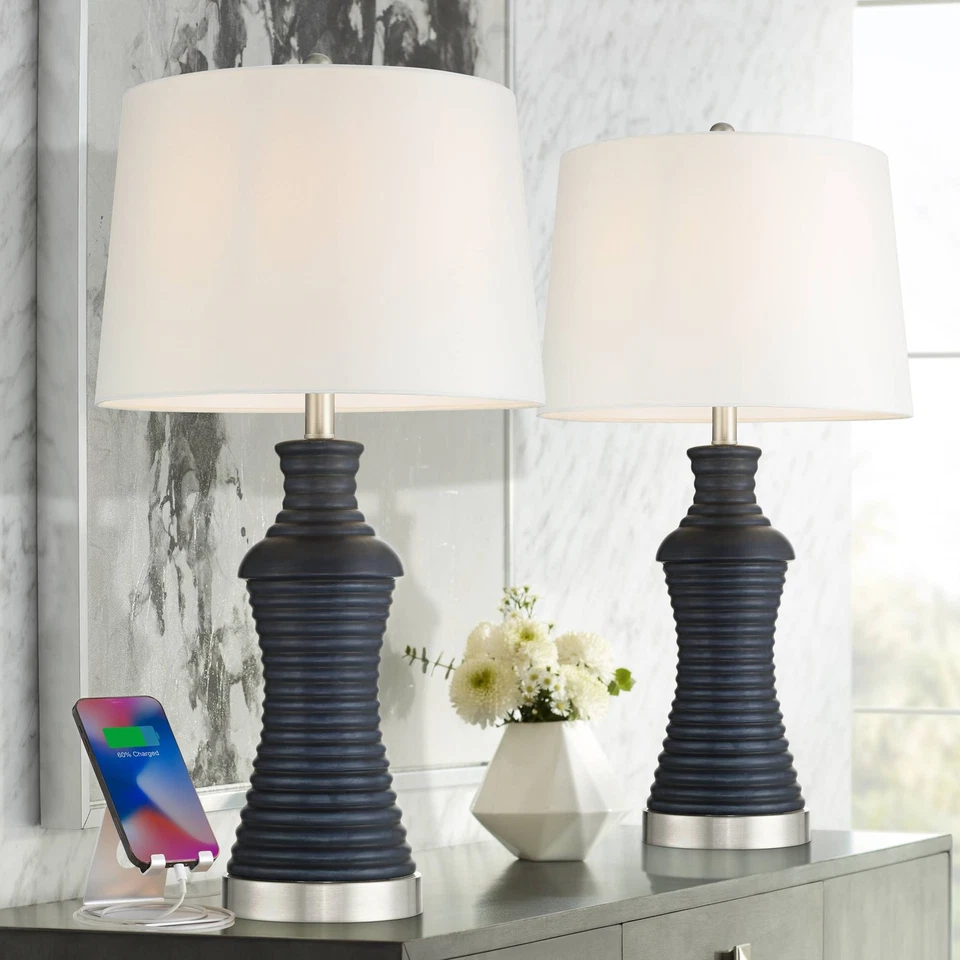 Maxwell 27 1/5" High Blue Rippled Ceramic USB Table Lamp Set of 2 - Image 1 of 4