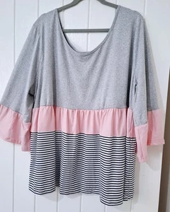 LADIES GREY / PINK PULLOVER STRIPED TUNIC TOP SIZE XL (20/22) - Picture 1 of 4