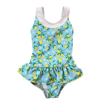 Traje de baño Florence Eiseman para niñas talla 5 azul estampado limón volantes una pieza playa Foto 1 de 4