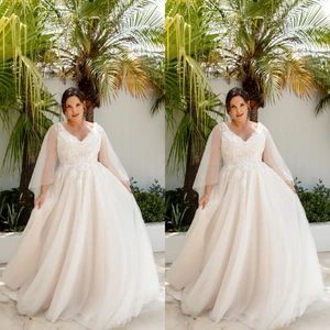 Plus Size Wedding Dresses with Long Sleeves V Neck Elegant A Line Bridal Gowns - Picture 1 of 9