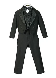 Boys Slim Tuxedo 5pc set TAIL coat,Cummerbund,striated pant,Tuxedo shirt,bowtie - Picture 1 of 7