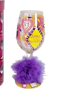 Lolita Birthday Girl Bling Hand Painted Artisan Wine Glass with Feathers, 15 oz. - Picture 1 of 6
