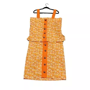 70er Jahre handgefertigter Rock Set 4XL orange Blume Seersucker quadratischer Ausschnitt Teelänge - Bild 1 von 16