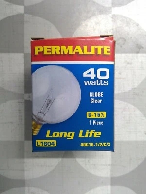 Permalite 40G16-1/2/C/3 L1604 40W G16-1/2 Globe Bulb **Free Shipping** - Image 1 of 4