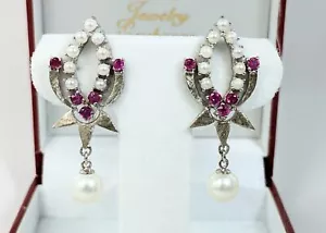 Vintage 14 KT White Gold Ruby and Pearl Clip On Earrings - Picture 1 of 8