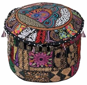 Black Vintage Patchwork Ottoman Pouf Cover, Round Foot Stool Poufee - Picture 1 of 5