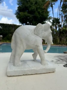 Antique Hand Carved White Marble Elephant Sculpture on Marble Base - Picture 1 of 24