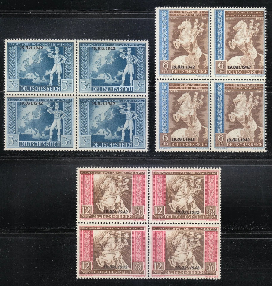 Germany 1942 MNH Mi 823-825 Sc B212-B214 European postal-telegraph / Blocks ** - Image 1 of 2