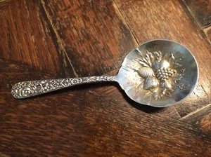 Antique Gorgeous Kirk & Son REPOUSSE Sterling Bon Bon Nut Berry Spoon 5 1/8" - Picture 1 of 5