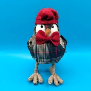 Fabric Covered Foam Bird Friend Figurine Christmas Plaid Body Red Beret Bow Tie  - Picture 1 of 11
