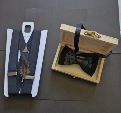 Luxury Bowtie DUO Feather Bowtie And Lapel Pin Wooden Box- Plus New Black Braces - Image 1 of 4