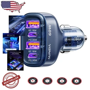 Cargador Coche 60W 4 Puertos USB C - Doble PD 30W, QC 3.0 Carga Rápida - Imagen 1 de 9