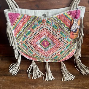 Embroidered Artisan Multicolored NWT Shoulder Bag With Leather Tassles & Strap - Picture 1 of 9