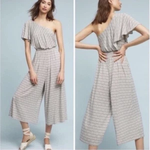 ANTHROPOLOGIE MAEVE Women’s Ivory Black Geometric Print One Shoulder Jumpsuit XS - Picture 1 of 8