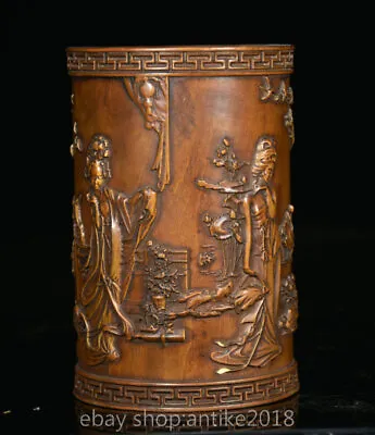 4.8   Old Chinese Boxwood Wood Carved Dynasty Beauty Woman Brush Pot • 155$