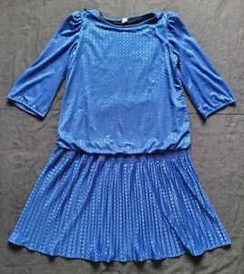Vintage Drop Waist Dress Cobalt Blue Pleated Polka Dot Retro Volup Costume L/XL - Picture 1 of 11