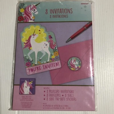 Unicorn Party Invitations 8 Invites 8 Envelopes 8 Seals 8 Save The Date Stickers - Image 1 of 3