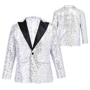 Kids Big Boys Shiny Sequins Lapel Suit Jacket Coat Formal Blazer Tuxedo Wedding