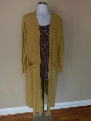 LuLaRoe XS Sarah Goldenrod Yellow Long Duster Cardigan Perfect T Purple Leaf - Image 1 of 4