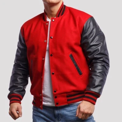 Men Varsity Bomber Baseball Letterman Wool Jacket Cowhide Leather Sleeves - Image 1 of 4