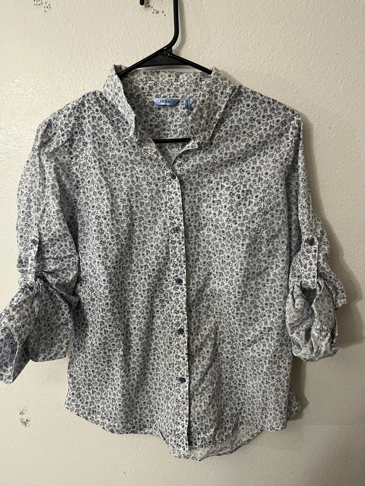 Blusa Top Camisa Top De Colección Izod Para Mujer M Con Botones Cottage Core Manga 3/4 Floral Blanca Foto 1 de 4