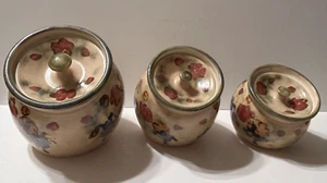 Vintage Clouds Pottery Folsom Green Floral Canister Set 3 pieces w/lids Slanted - Afbeelding 1 van 24