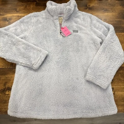 NWT Simply Southern Soft Sherpa Pullover Fleece Frost Gray Large Purple Trim - Image 1 of 4