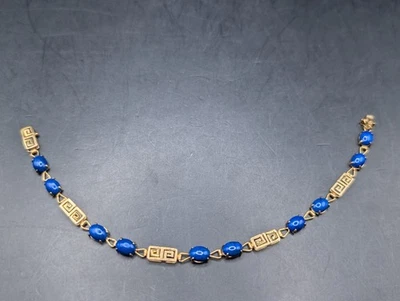 🔥 VINTAGE 14K 585 YELLOW GOLD AZTEC LINK BLUE LAPIS TENNIS BRACELET 5.2 GRAMS - Image 1 of 4