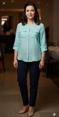 Talbots Light Blue 100% Linen Blouse Roll Tab Sleeves Office Wear Womens Size MP - Image 1 of 4